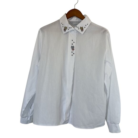 Blair Cat Print Fitted Boyfriend Shirt Woman’s Size Lg Black White Cats Cotton - Picture 2 of 12